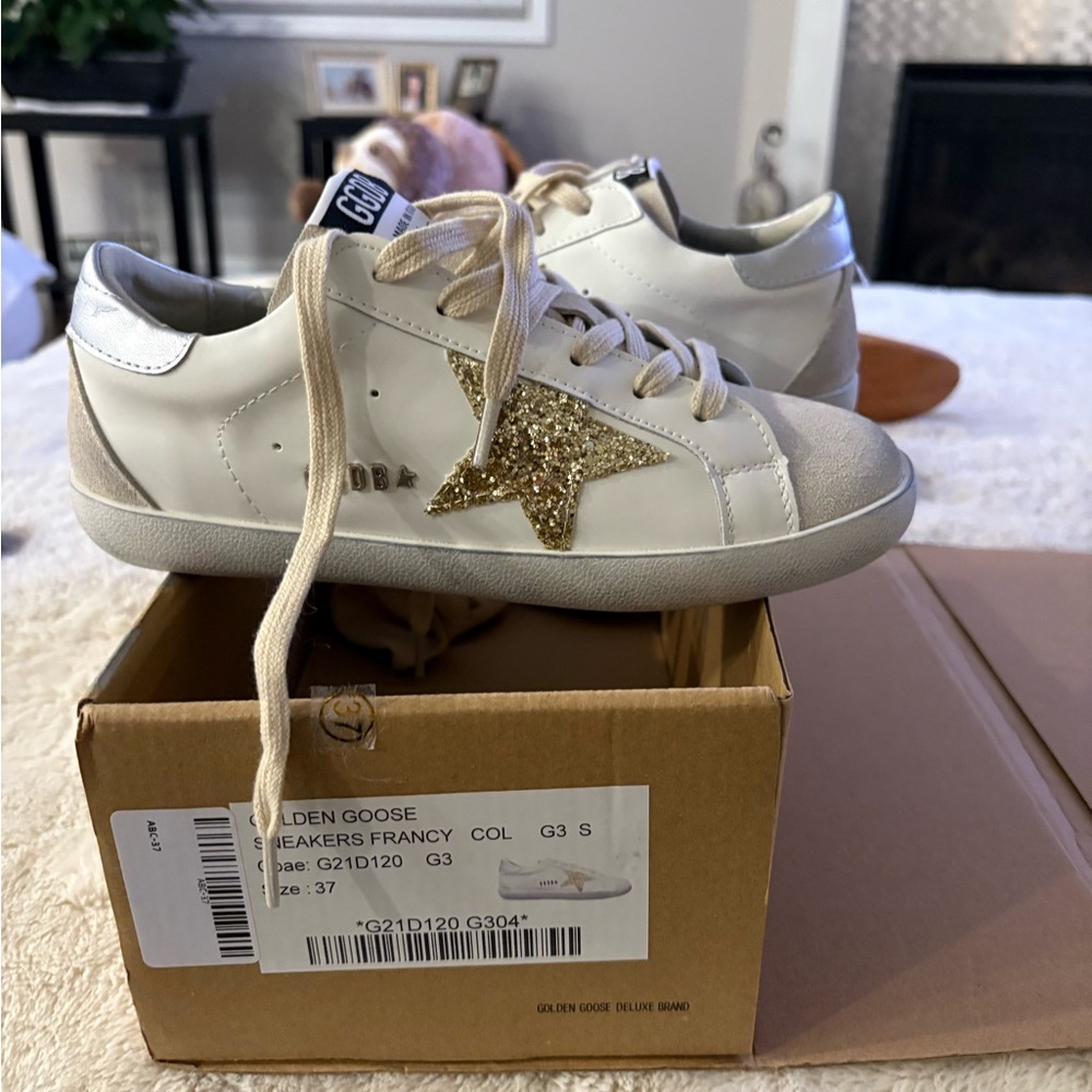 Golden Goose White Sneakers with Glitter Gold Star